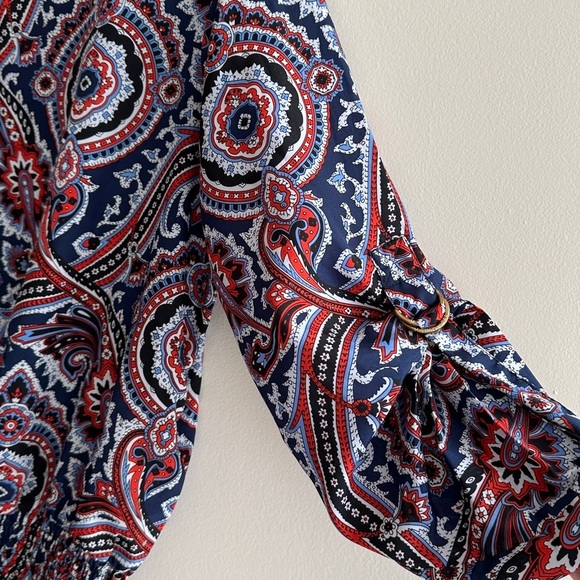 Michael Kors Multicolor Paisley Roll Tab Sleeve Smocked Blouse, Size Large - Picture 12 of 16